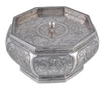 A Straits Chinese silver octagonal bowl and cover, unmarked, probably Malaya, 19th century, with a