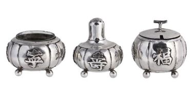 A Chinese export silver three piece cruet set by Sing Fat, Canton & Shanghai (SF, 90 and a chop