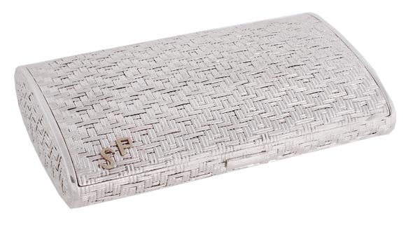 A white gold coloured basket weave case, unmarked, circa 1970, the rectangular case with later