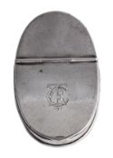 A Chinese export silver plain oval snuff box by Pao Cheng, Hong Kong and Qingdao (PC, 90 and a chop