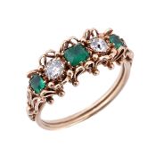 A mid Victorian diamond and emerald five stone ring, circa 1870, the two old cut diamonds set