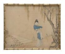 A set of three Chinese paintings on silk depicting court ladies engaging in leisurely pursuit amid