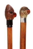 A Victorian carved and painted wood and silver mounted malacca walking stick, hallmarked for London