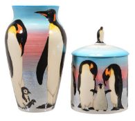 Sally Tuffin for Dennis China Works, a Penguin shoulder ovoid vase and a cylindrical jar and cover,
