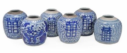 A group of six Chinese blue and white vases, 20th century, each similarly decorated and of ovoid