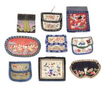 A collection of nine Chinese silk purses, 19th century, variously embroidered with auspicious