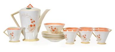 A Shelley Eve shape coffee service, 1930s, comprising: coffee pot and cover, six coffee cups and