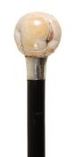 A George V sculpted ivory and silver mounted ebony erotic walking stick, hallmarked for Birmingham