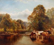 William Vivian Tippett (1833-1910), River scene with cattle watering, Oil on canvas, Signed and