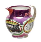 A Sunderland pearlware pink-lustre jug, circa 1830, of typical form and printed with a view of the