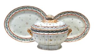 A Chinese Export Armorial Tureen, Cover and Two Stands, each of oval form and decorated with