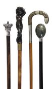 A hardstone and silver plated metal mounted ebonised wood walking stick, early 20th century, with