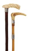 A Victorian marine ivory and silver mounted stained wood walking stick, late 19th century, the