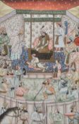 A Persian miniature ivory or bone mniature painting depicting a court scene with a prince seated on