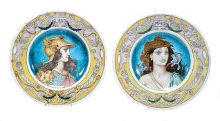 Two pottery wall plates by Theodore Deck, painted with the titled busts of Clorinde and Omphale,