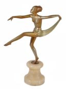 After Josef Lorenzl, an Art Deco spelter figure of a scarf dancer, silvered finish, in an onyx