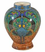 A Rozenburg pottery large ovoid vase, painted with three stylised peacocks at display, on a flared