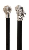 A silver mounted ebony walking stick, hallmarked for London 1970, the grip cast as Mr Punch, 93cm
