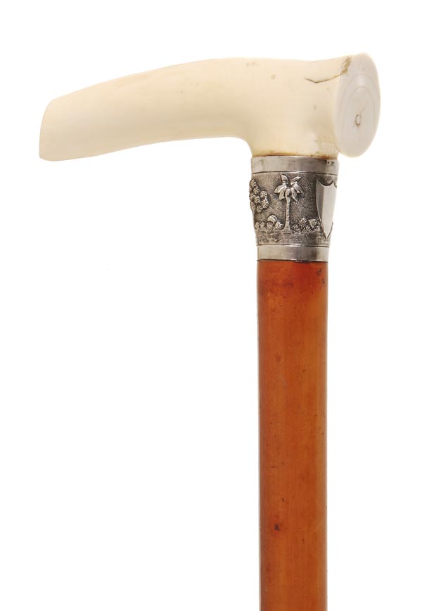 A fine Victorian ivory and white metal mounted malacca walking stick, probably Anglo-Indian, late