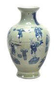 A Chinese celadon grazed blue and white vase of baluster shape decorated with figures engaging in