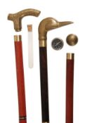 Three brass mounted stained hardwood system walking sticks, second half 20th century, one with grip