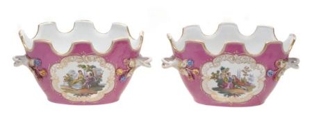 A pair of Dresden (Carl Thieme, Potschappel) porcelain pink-ground two-handled Montiefs, late 19th