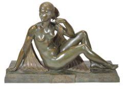 Joe Descomps (French, 1869-1950), Meditation, an Art Deco bronze seated and draped nude figure,