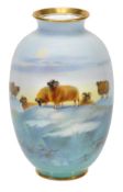 A Royal Doulton ovoid vase, painted with sheep in a snowy landscape by Harry Nixon, signed, green