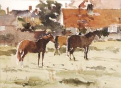 ARR - John Yardley (b.1933), Ponies, Lindisfarne, Watercolour and bodycolour, Signed lower left, 20