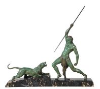 Demetre Chiparus (1886-1947), a green patinated bronze group of a lion hunter, the spear