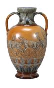 A large Royal Doulton Lambeth stoneware twin-handled vase by Hannah Barlow, dated 1893, incised