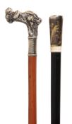 A Japanese engaved and yellow metal inlaid, white metal and ivory mounted walking stick, early 20th