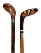 A George V stained ash, ivory and horn parquetry inset ?Sunday stick?, the collar hallmarked for