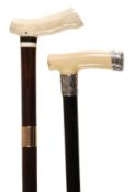 A late Victorian silver and ivory mounted ebony walking stick, the collar hallmarked for Birmingham