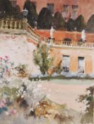 ARR - John Yardley (b.1933), A terrace at Powis Castle, Watercolour and bodycolour, Signed lower