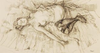 Peter Kuhfeld (b. 1952), Reclining nude with black stockings, Charcoal, Signed lower right, 25 x