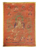 A Tibetan thangka of the Yellow Tara, seated in lalitasana on a white cushion over a lotus seat,