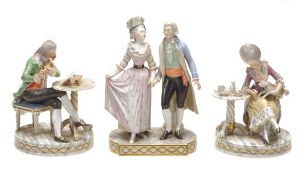 A pair of Royal Copenhagen models of a flautist of companion, circa 1900, modelled at tripod table