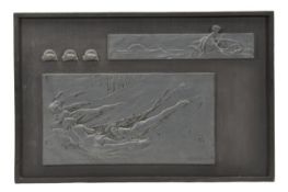 Gilbert Bayes, a metal relief panel ?The Derelict?, for mounting on furniture, the larger signed