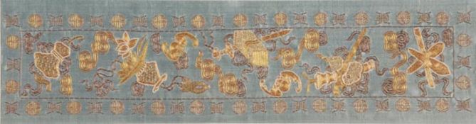 A pair of Chinese silk sleeve bands embroidered with gold thread with the Eight Auspicious Emblems,