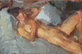 ARR - Martin Yeoman (b. 1953), Nude on a bed, Oil on canvas, Signed lower right, Unframed, 30 x