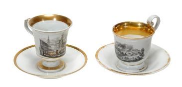 Two similar Meissen topographical coffee cups and saucers, decored en grisaille with titled views