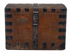 An oak and wrought metal bound silver chest, second half 18th century, the hinged top opening to a