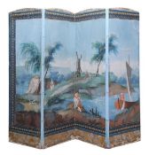 A eight fold painted screen or wall panel, 19th century and later, formed of two four-fold sections,