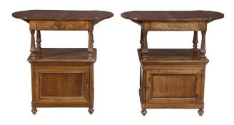 A pair of Victorian walnut what-nots, circa 1870, each with a hinged rectangular top incorporating