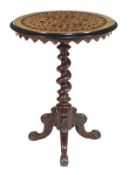 A Victorian stained oak and parquetry occasional table, circa 1880, on a wrythen stem and three