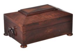 A William IV mahogany, rosewood and birds eye maple sewing box, circa 1835, of sarcophagus form, the