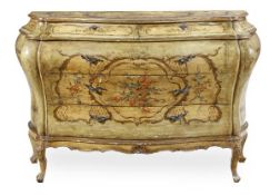 A Continental painted pine bombe fronted commode, in 18th century style, incorporating two short and