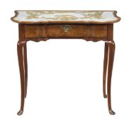 A Continental walnut and beadwork side table, 18th century, the top inset with beadwork, above a