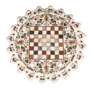 An Indian marble and hardstone marquetry inset games table top, 19th century, the central